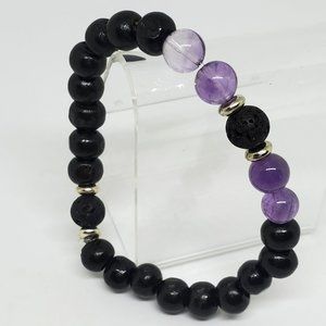 Black Lava Stone, Natural Amethyst Focal Beads & Wood Beads Stretch Bracelet